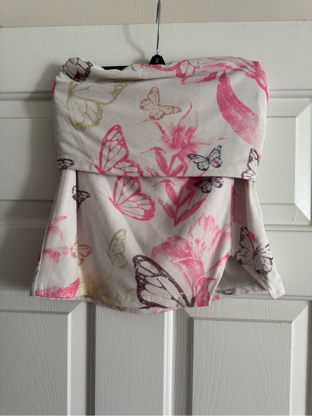 SHEIN White Strapless Tube Top & Skirt with Pink Butterfly Print